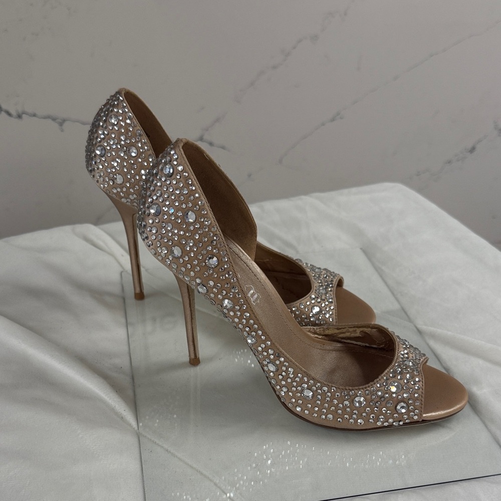 Aldo Sparkling Rhinestone Peep-Toe Heels - Tan